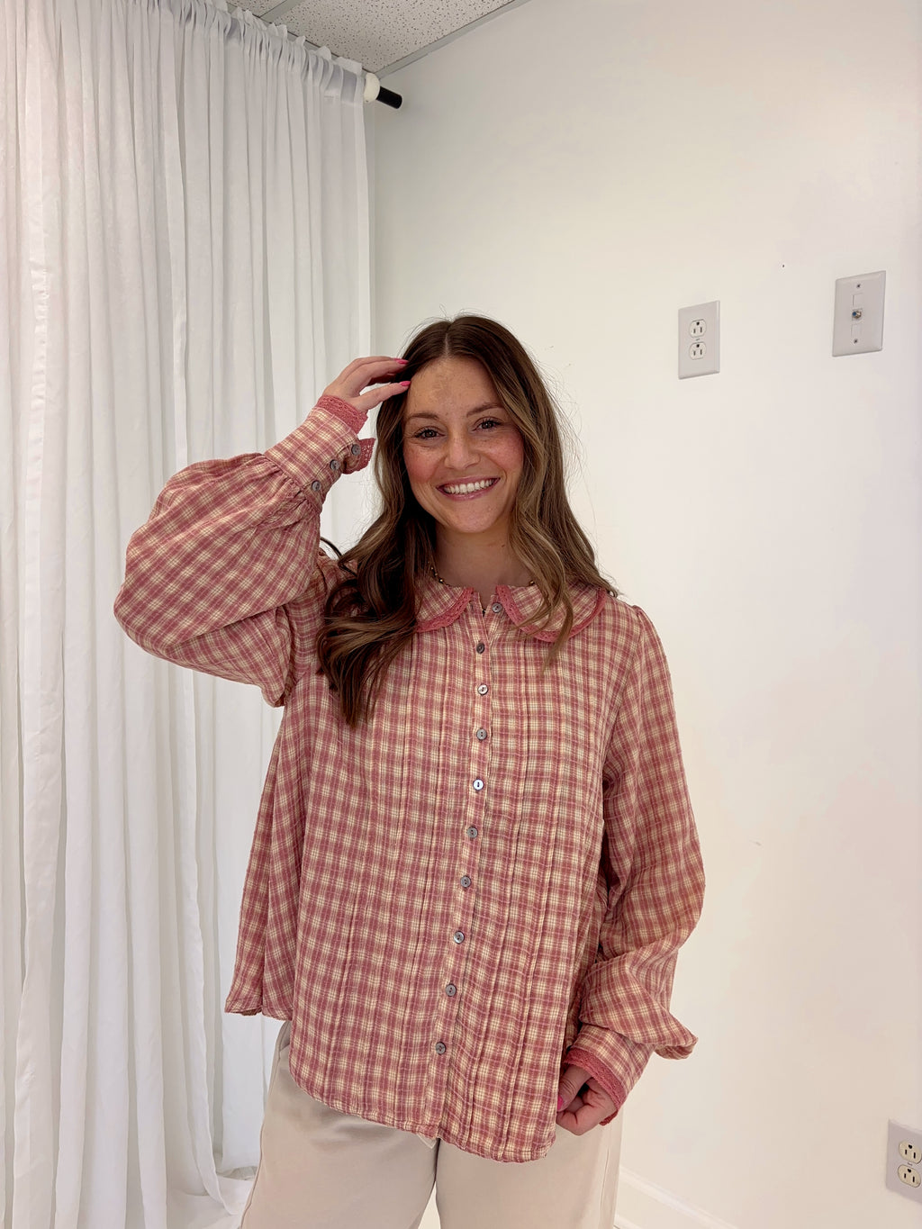 Pink Cream Gingham Top