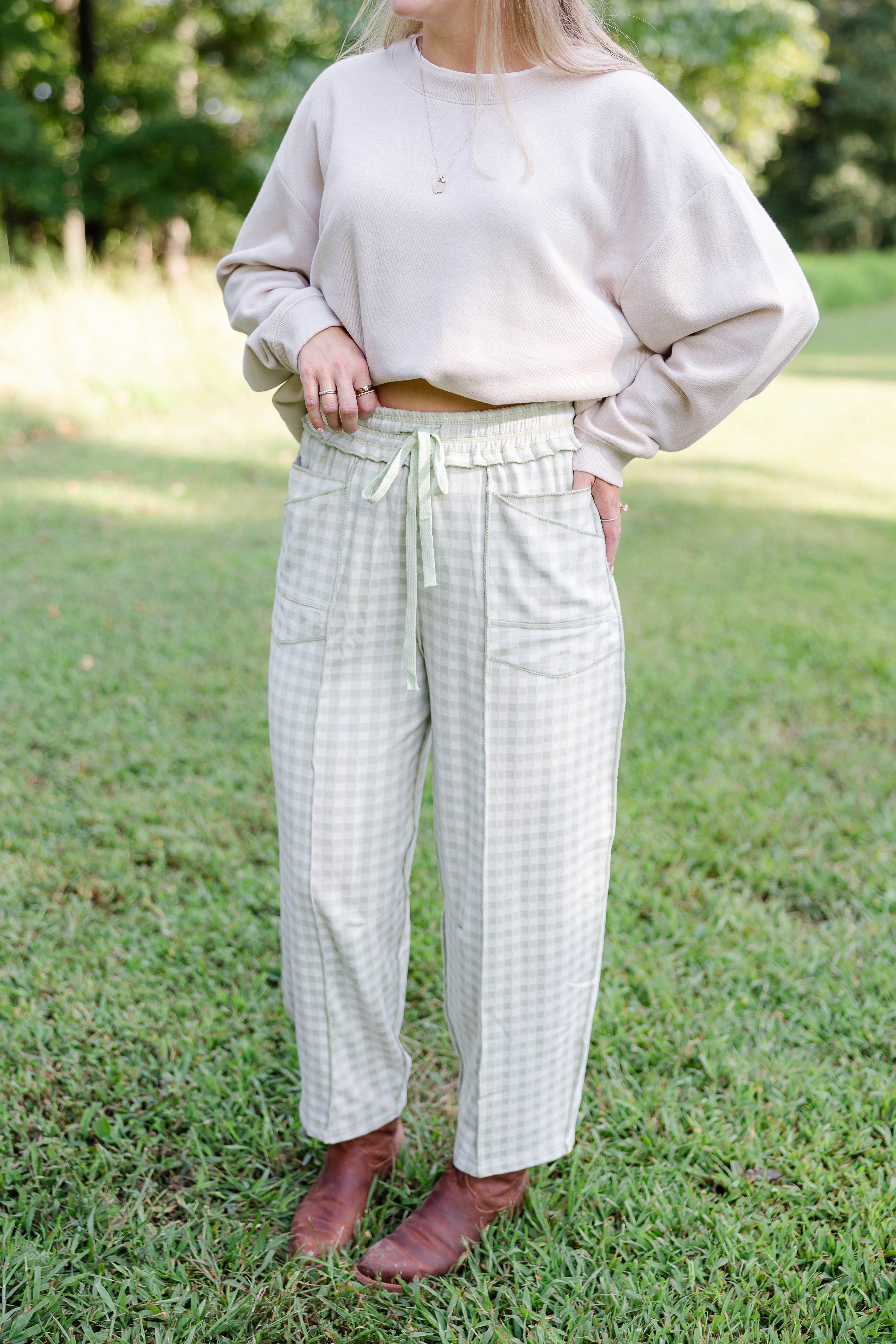 Going Gingham Barrel Pants - Sage