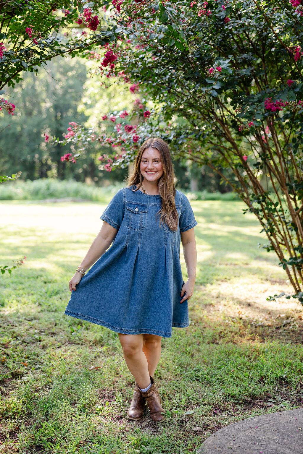 Double Denim Pleated Dress