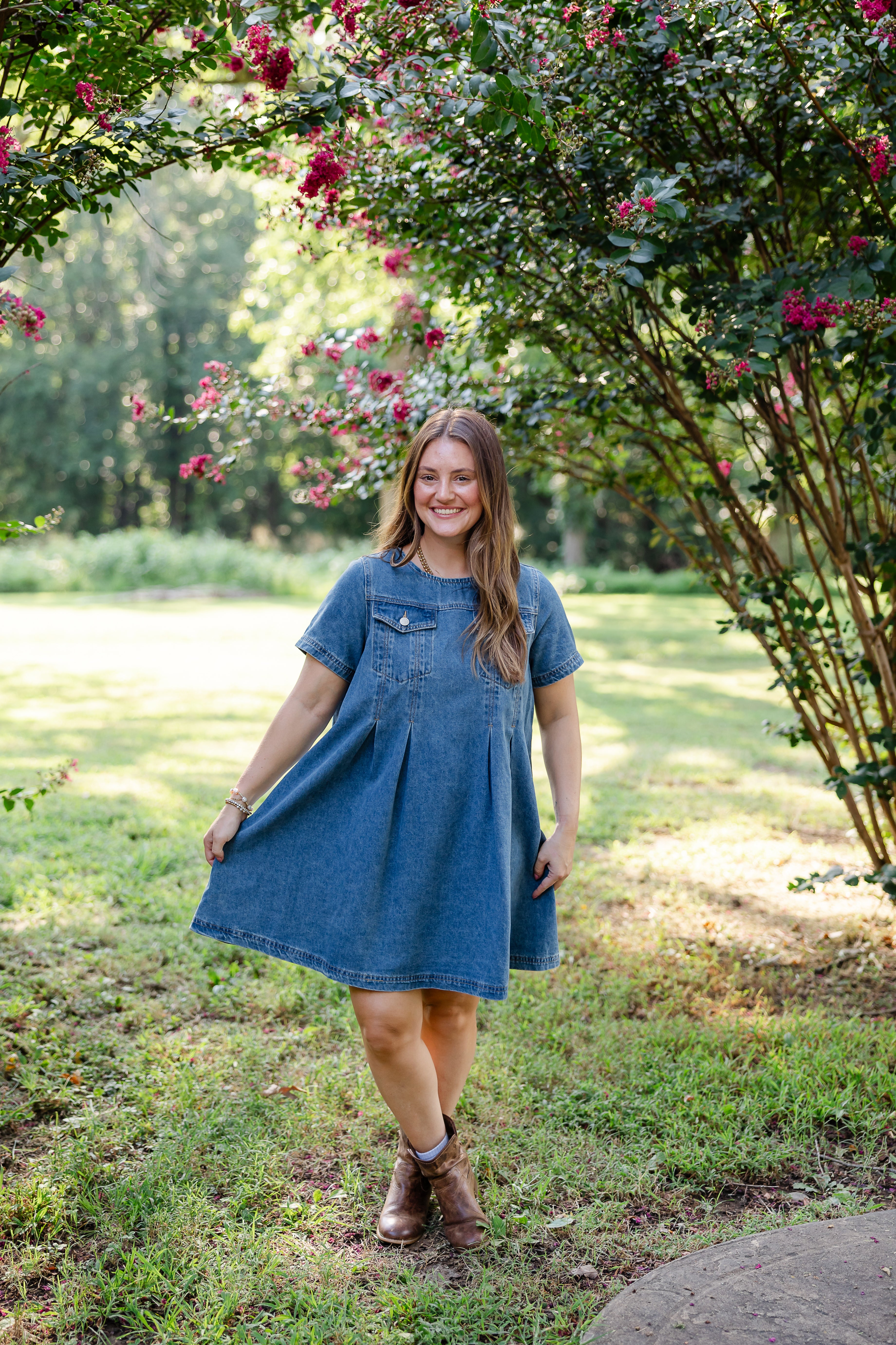 Double Denim Pleated Dress
