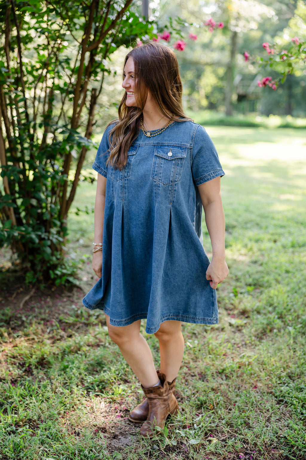 Double Denim Pleated Dress
