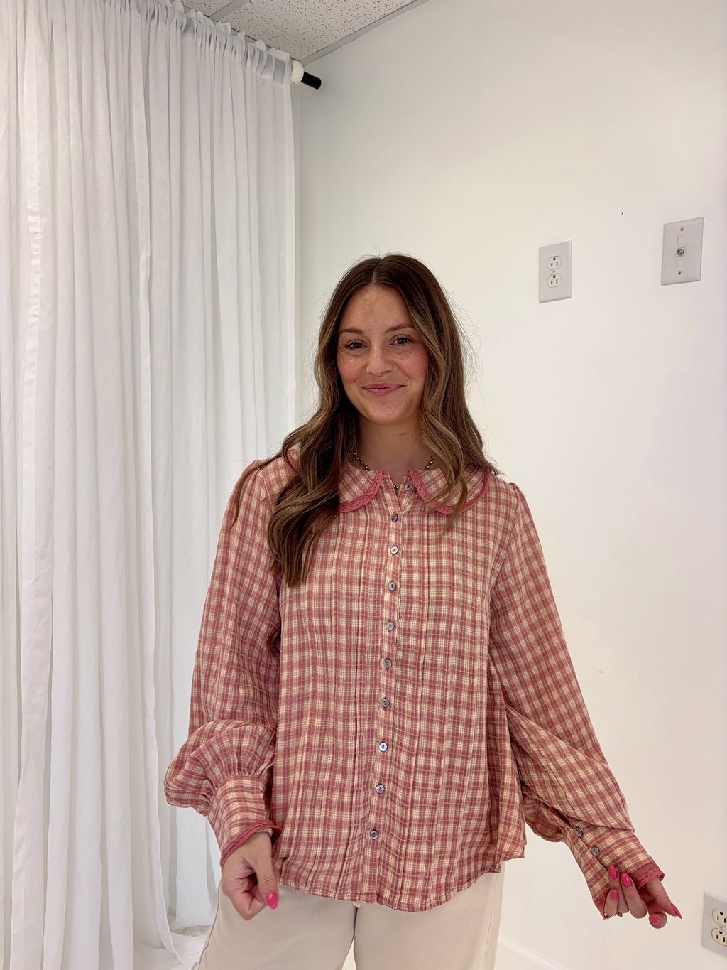 Pink Cream Gingham Top