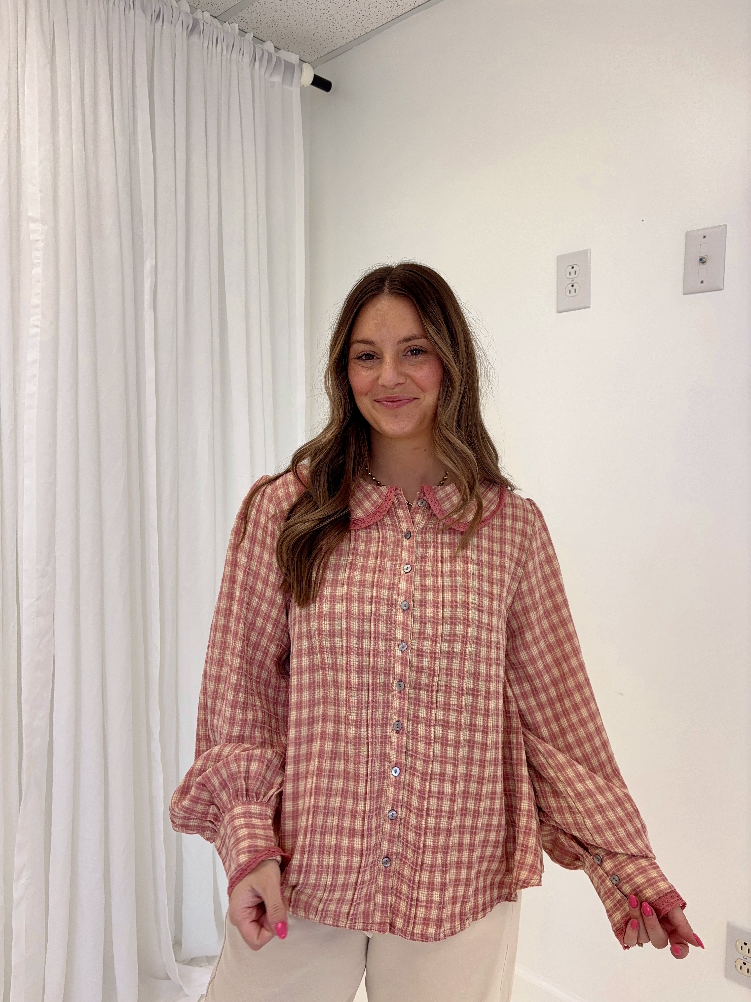 Pink Cream Gingham Top