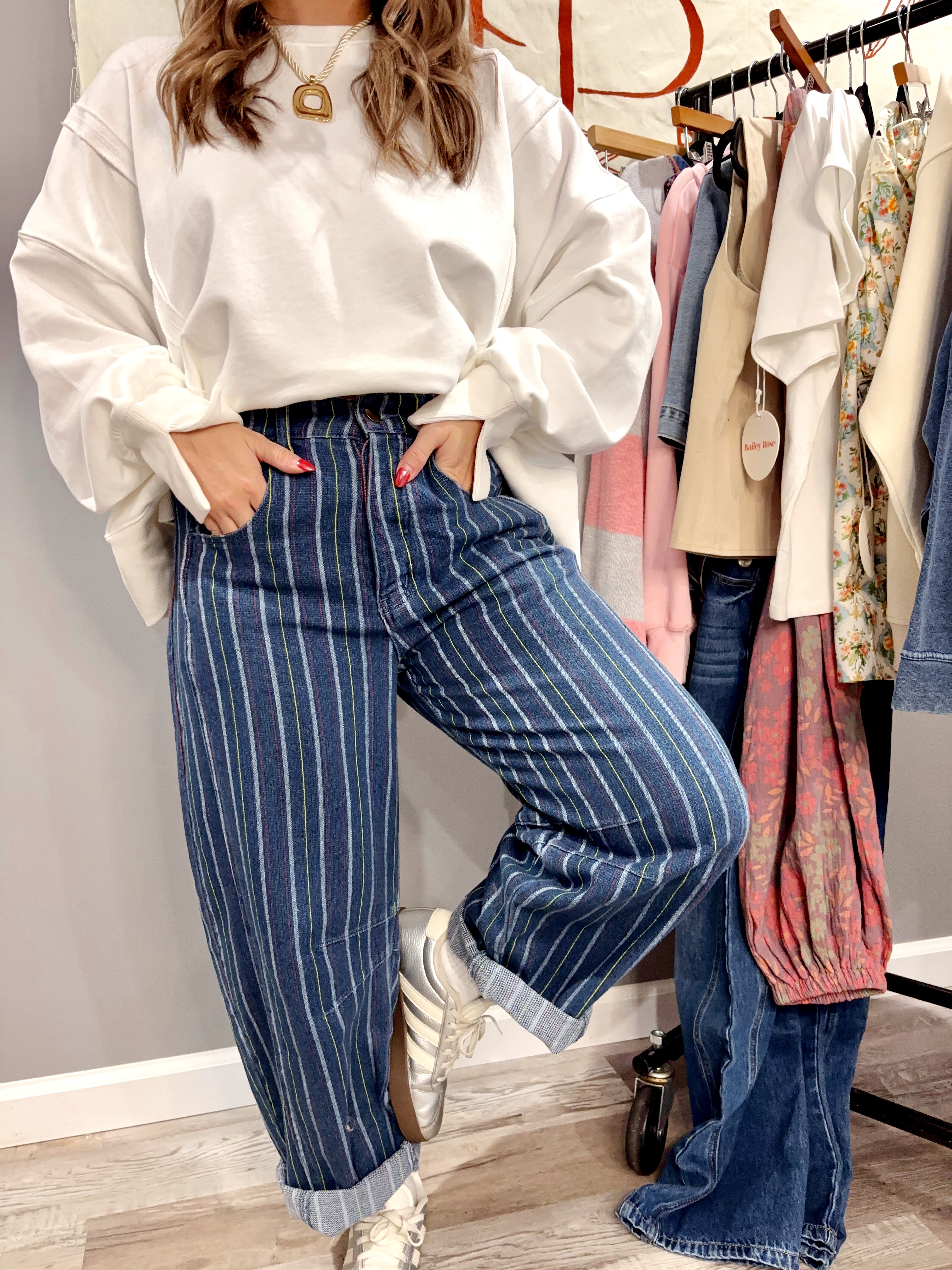 In Route Striped Barrel Jeans