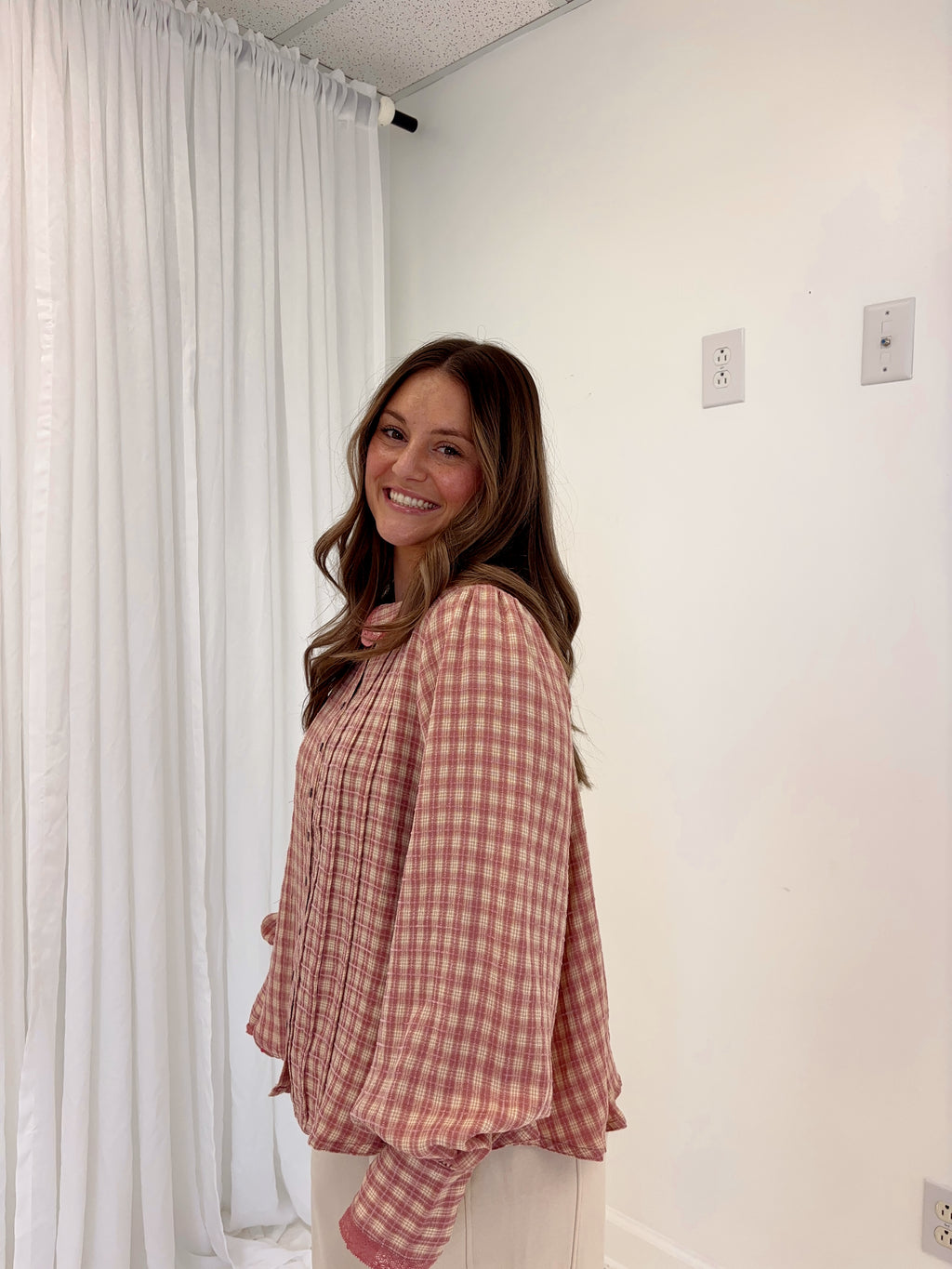 Pink Cream Gingham Top