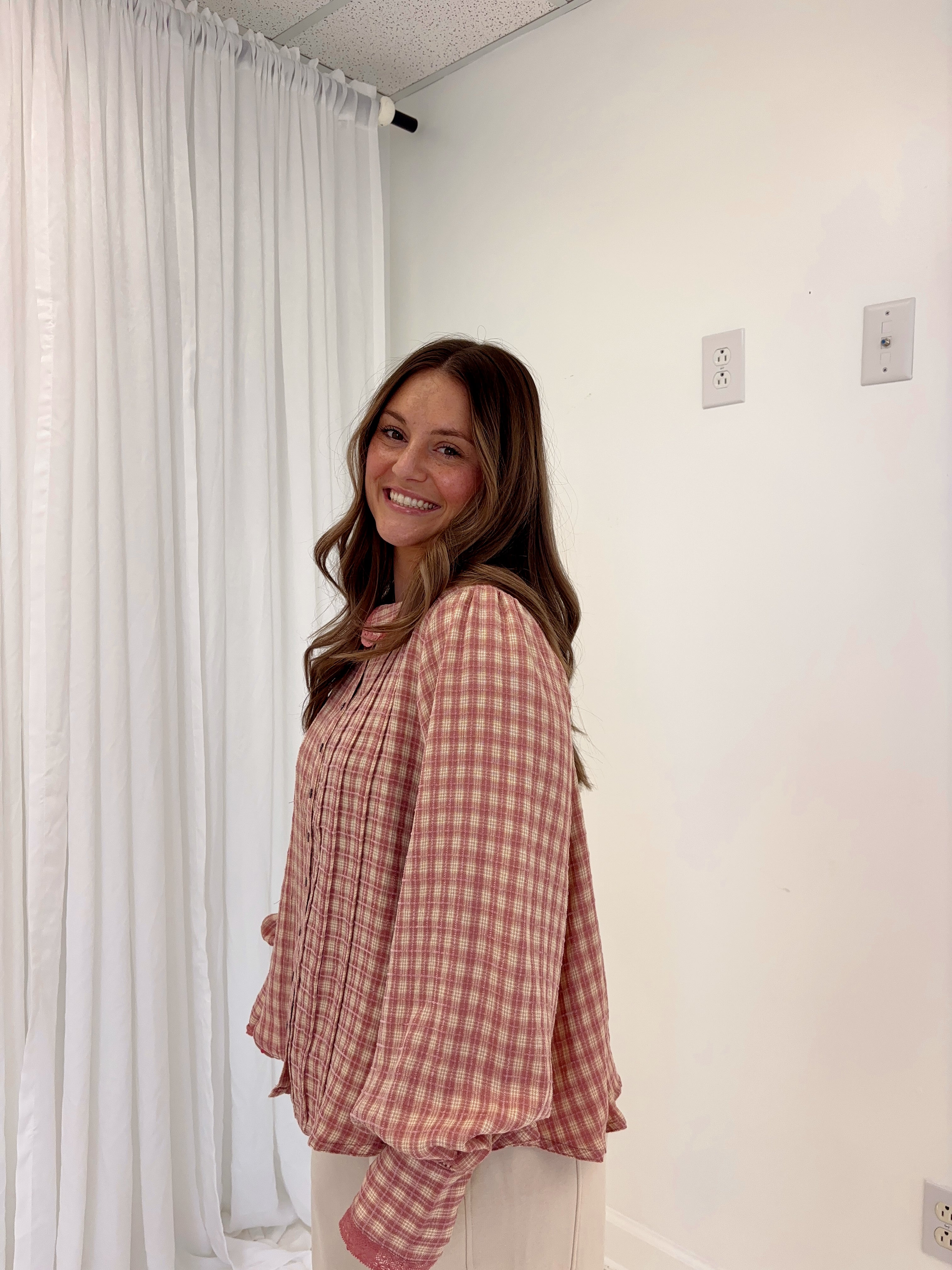 Pink Cream Gingham Top